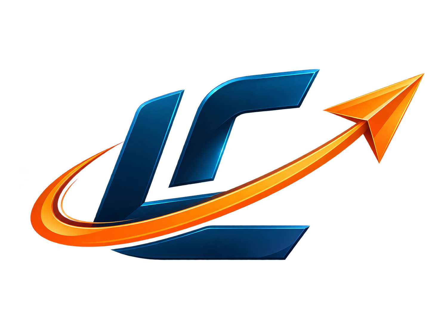 Monogramme LC bleu profond, avion et trajectoire orange